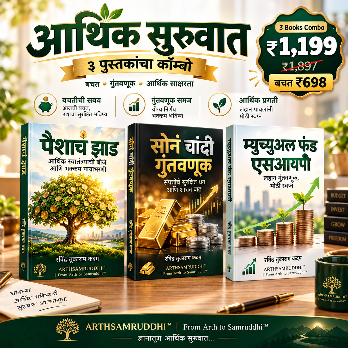आर्थिक सुरुवात कॉम्बो – पैशाचं झाड, सोनं चांदी गुंतवणूक व म्युच्युअल फंड एसआयपी ही ३ मराठी पुस्तके